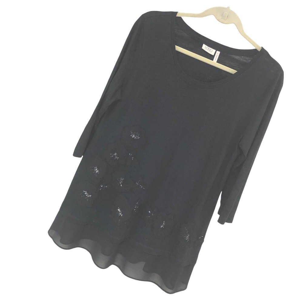 LOGO Lori Goldstein Black Floral Beaded Chiffon Tunic‎ Dress S Minimalist Fairy